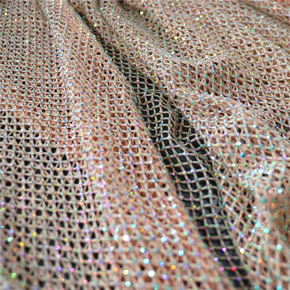 Crystal AB Rhinestones Mesh Fabric Sewing Elastic Trim - Pink