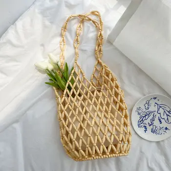 

Fashion Hollow Out Beading Tote Bag Women Shoulder Bags Designer Weave Bamboo Beaded Women Handbag Large Capacity Composite Bag