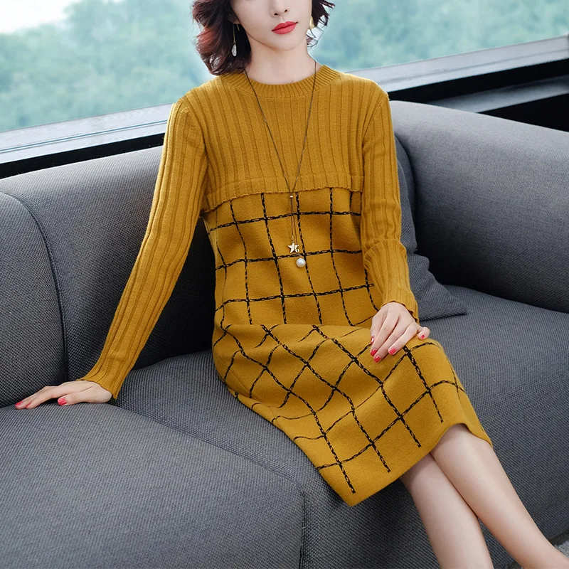 

Photo Shoot Autumn And Winter New Style Knit Crew Neck Pattern Joint Long Sleeve Jersey Dress Women's Pullover Sweater Base Shir
