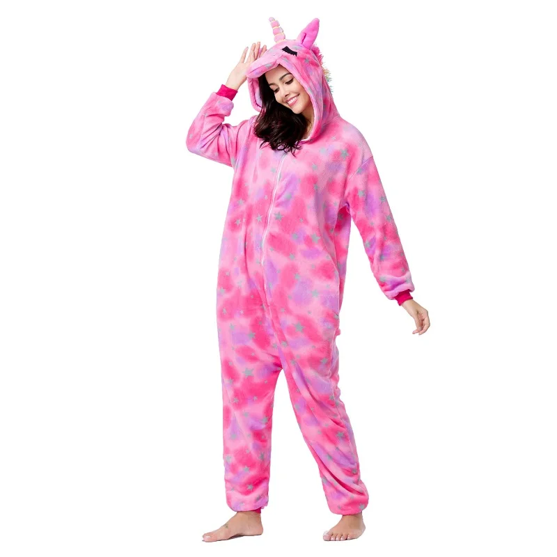 Pink star Tianma Пижама кигуруми с единорогом, набор зимних фланелевых пижам для взрослых, комбинезон с изображением животных, панды, Пикачу, стежка, Мультяшные пижамы для женщин и мужчин, одежда для сна - Цвет: Pink star Tianma