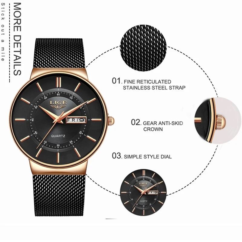 LIGE Women Watches Luxury Brand Ultra-thin Calendar Week Quartz Watch Ladies Mesh Stainless Steel Waterproof Gift Reloj Muje+Box