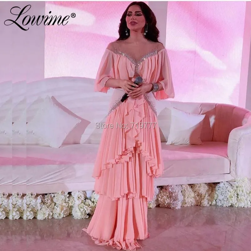 

Arabic Dubai Half Sleeves Pink Evening Dress Muslim Beaded Crystals Party Gowns Custom Made Prom Dresses 2019 Robe De Soiree