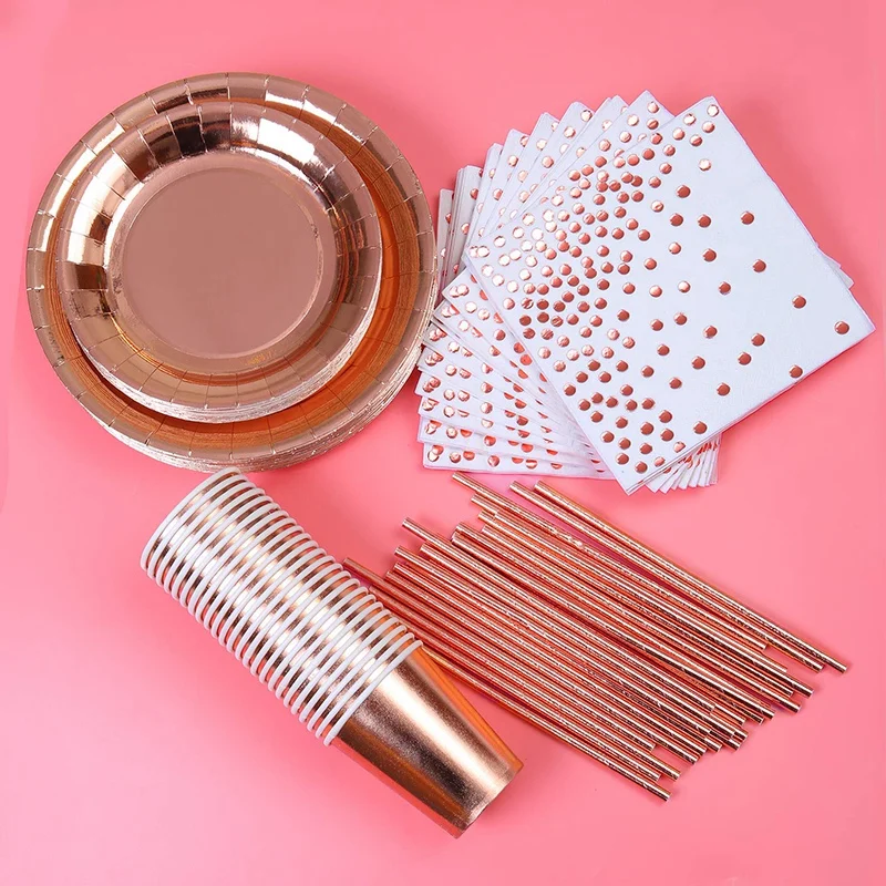 

146 Pieces Rose Gold Party Supplies Party Tableware Foil Paper Plates Napkins Cups Straws for Weddings, Anniversary, Birthday fo