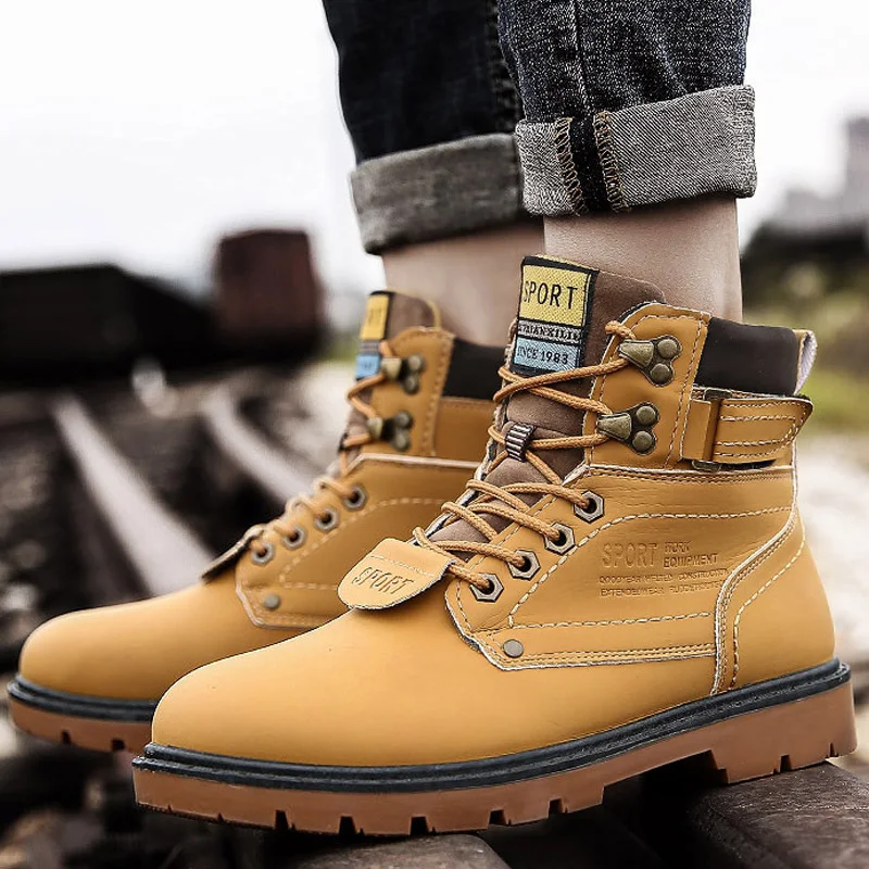 Winter Men Boots Pu Leather Ankle Boots Lace-up Men Sneakers Warm Waterproof Snow Motorcycle Plush Zapatos De Hombre