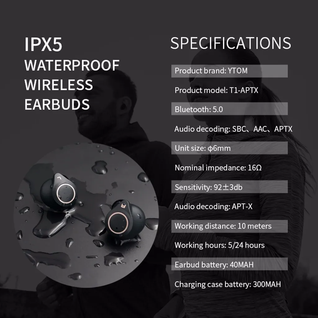 Wireless Bluetooth Earphone T1-APTX TWS True AptX BT 5.0 Wireless HD Earphone Fone De Ouvido Sem Fio