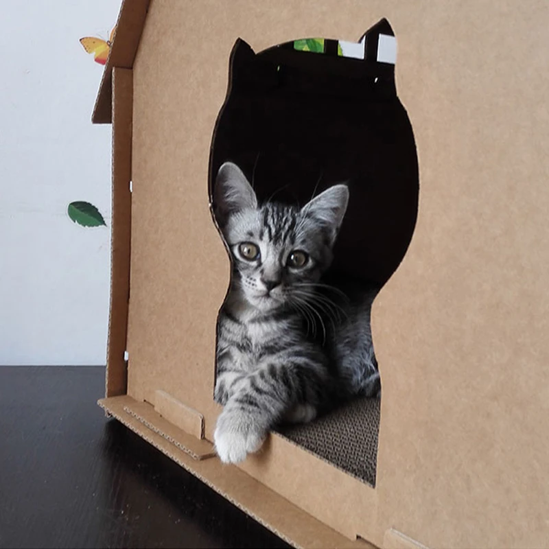 DIY картонная коробка Кошкин дом имеет небольшие инструменты для окон, скретч-доска, самостоятельная сборка котенка, домашние игрушки из гофрированной бумаги, мебель для домашних животных