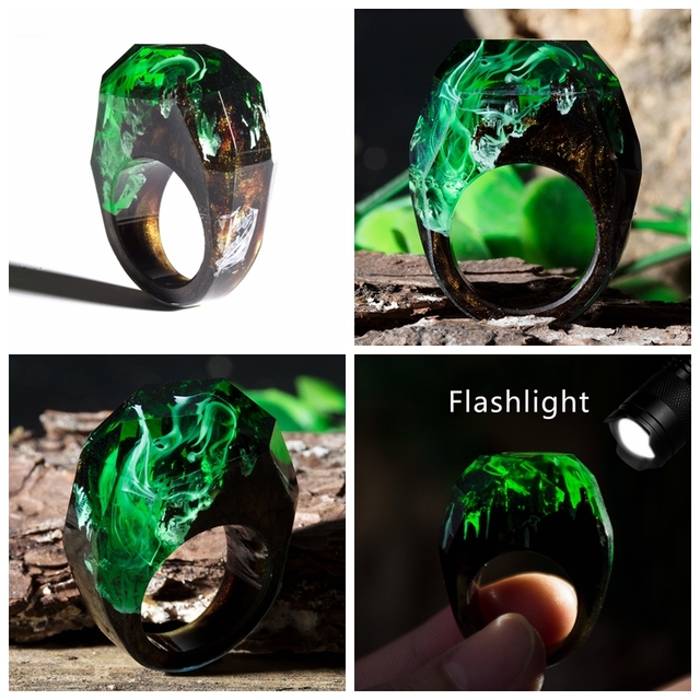 Fashion Wood Resin Ring Female Forest Handmade Rainbow Star Secret Sky Micro Landscape Wooden Ring High Quality Jewelry