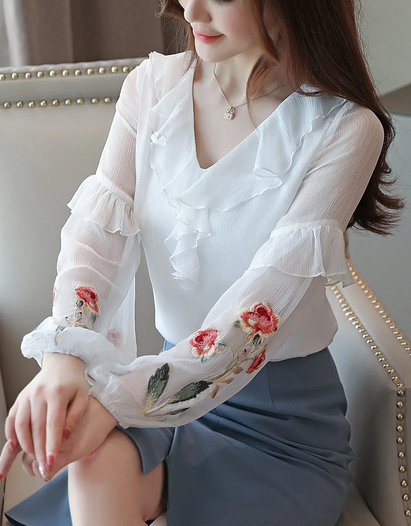 Женские блузки mujer de moda Осенняя блузка с длинными рукавами и оборками модная шифоновая блуза с вышивкой Большие размеры женские топы