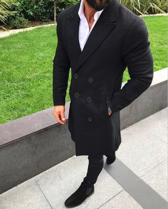 Новая осенне-зимняя модная мужская Тонкая двухрядная шерстяная куртка с пуговицами мужская повседневная куртка теплая однотонная верхняя одежда - Цвет: Черный