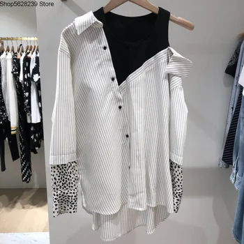 

Law Single 2020 Fake Second Piece Irregular Contrast Color Leopard Print Splicing Stripes Women's Wear Shirt 190407