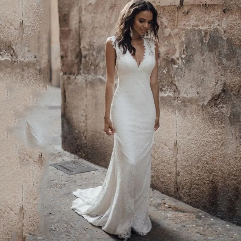 

Retro V-Neck Full Lace Mermaid Wedding Dresses Slim Natural Trumpet Bridal Gowns Custom Made Garden Countryside Wedding Dress