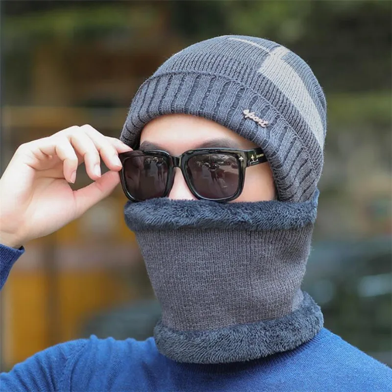 Серый Men Winter Hat And Scarf Man Warm Knitted Plush Hat 2 Pcs Set Male Patchwork Beanies Cap With Ring Scarves Adult Accessorie - Цвет: Серый