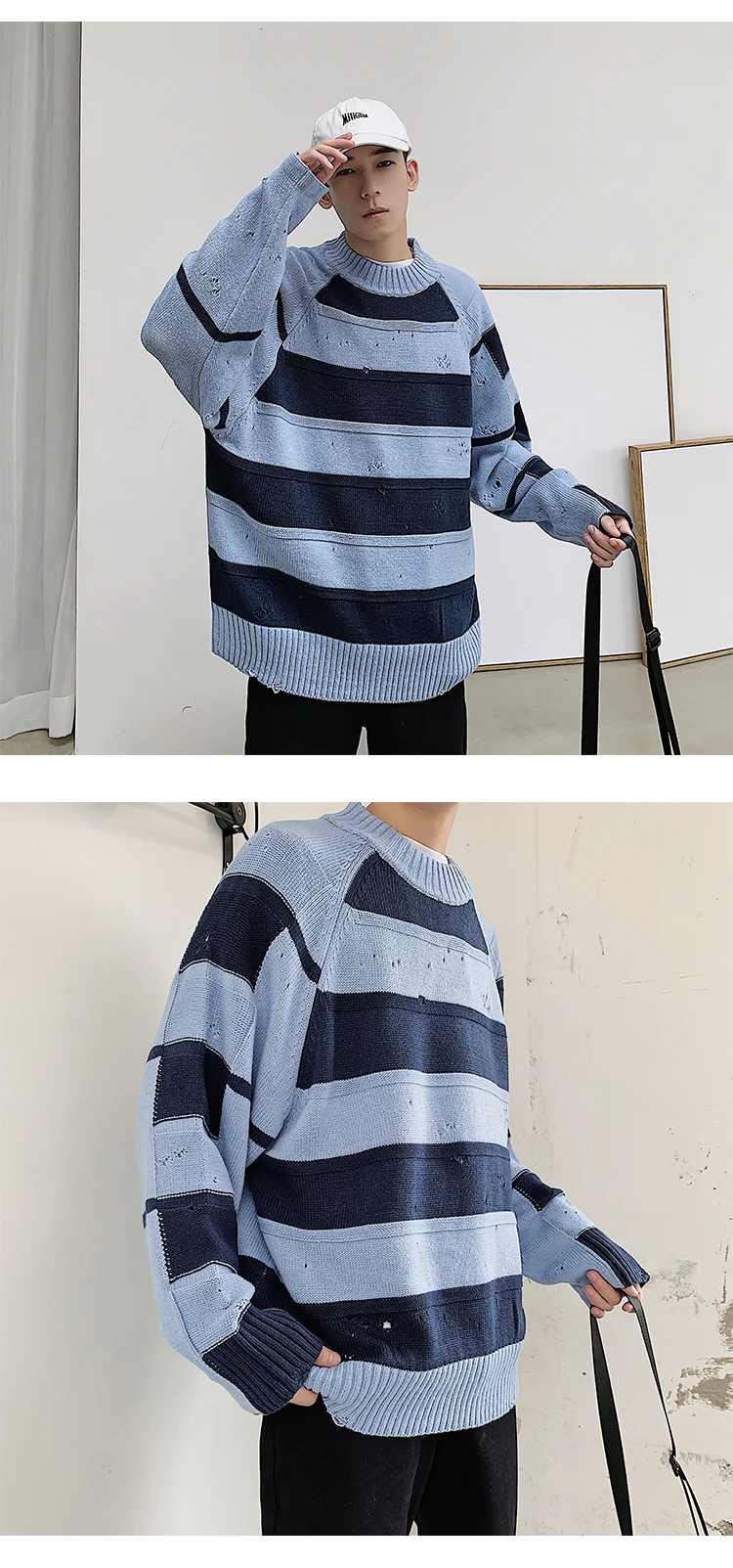 Winter New Sweater Men Fashion Thick Warm Warm Color Striped Knit Pullover Man Streetwear Wild Loose Hole Sweater Male Clothes
