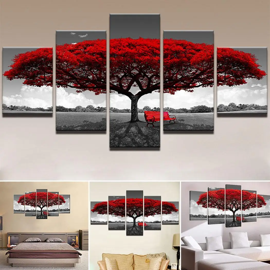 

5 Pieces Canvas Red Tree Landscape Painting Rectangle Wall Art Room, Modern Home Printings Decoration Decor