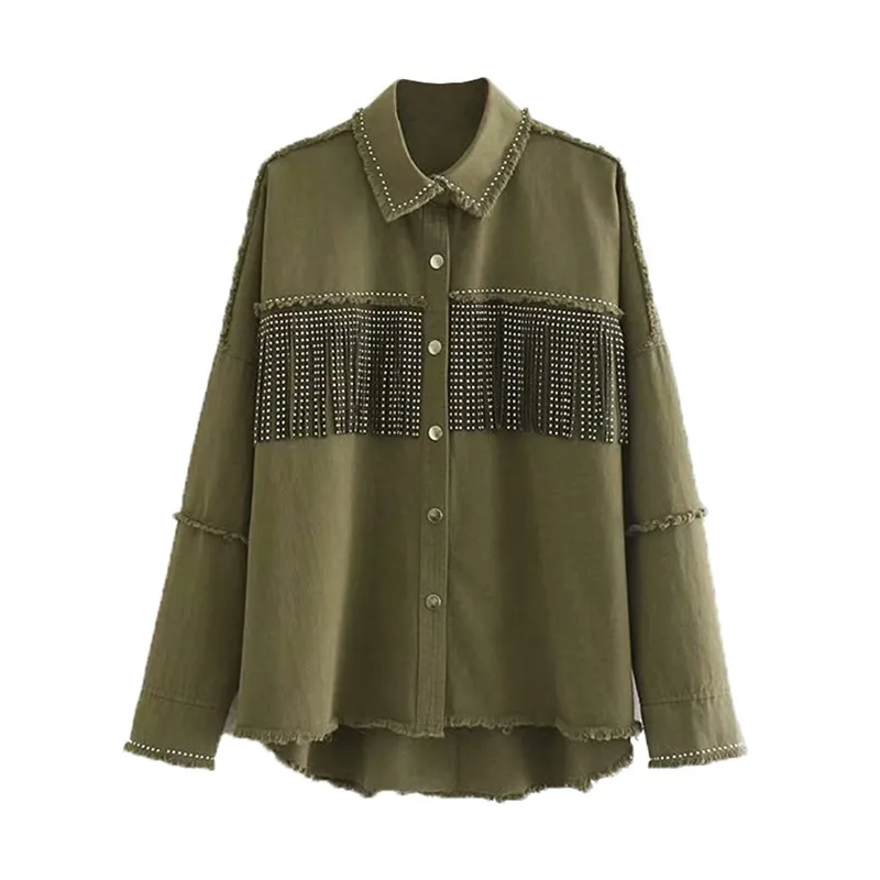 women jacket oversized beading decorate denim jacket tassel patchwork long sleeve coat female outwear loose tops