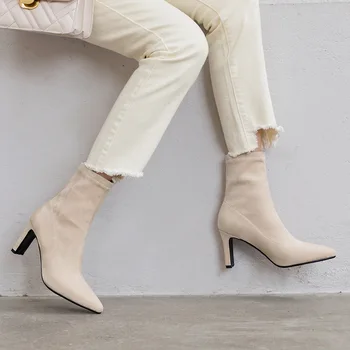 

New style net red slim high heel short boots for women's pointy elastic boots in autumn winter 2019