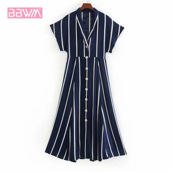 

V-neck Single-breasted Stitching Stripes Chic Female Dresses Harajuku Leisure Holiday Party High Street Women's Dress