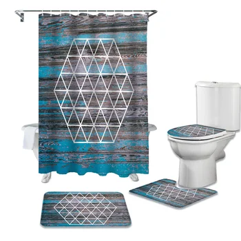 

Hexagon Old Wooden Board Shower Curtains Set Bathroom Waterproof Shower Curtain Bathroom Set with Shower Curtain and Rugs