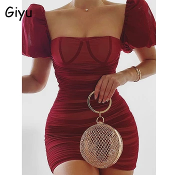 

Giyu Sexy Club Party Dress Women 2020 Summer Satin Mesh Ruched Bodycon Mini Dresses Elegant Puff Sleeve Backless Vestidos Pink