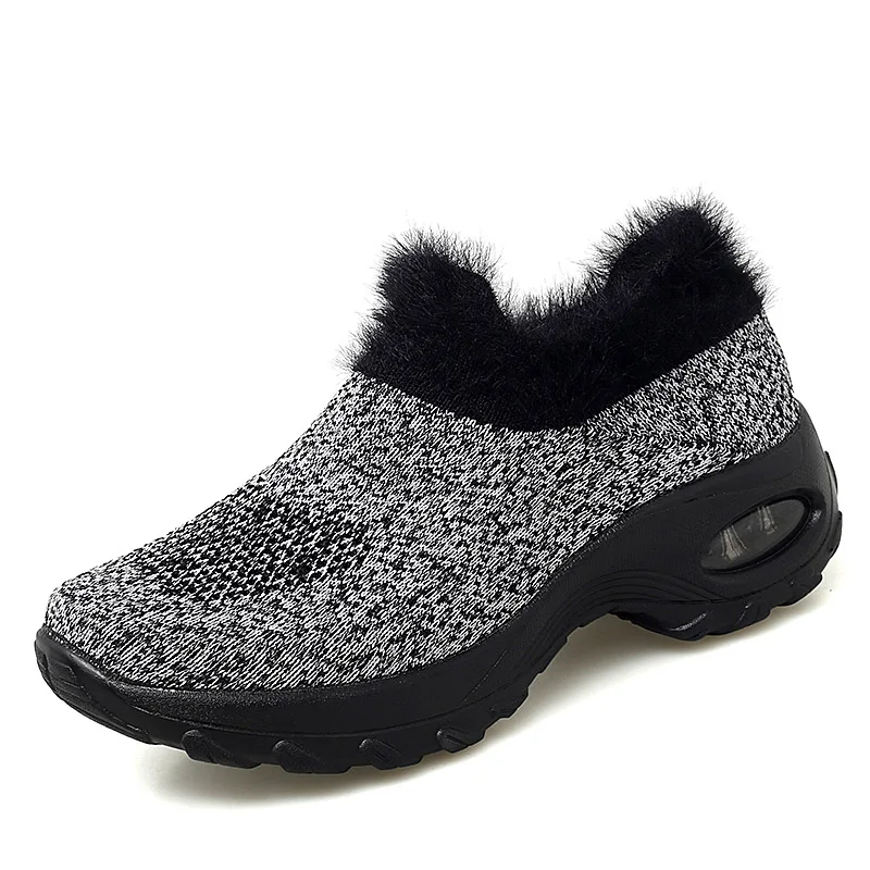 Winter Sneakers Womens Shoes Flats Platform Boots Plush Warm Walking Boots Flyknit Footwear Female Wedge Shoes Big Size 42 - Color: Gray