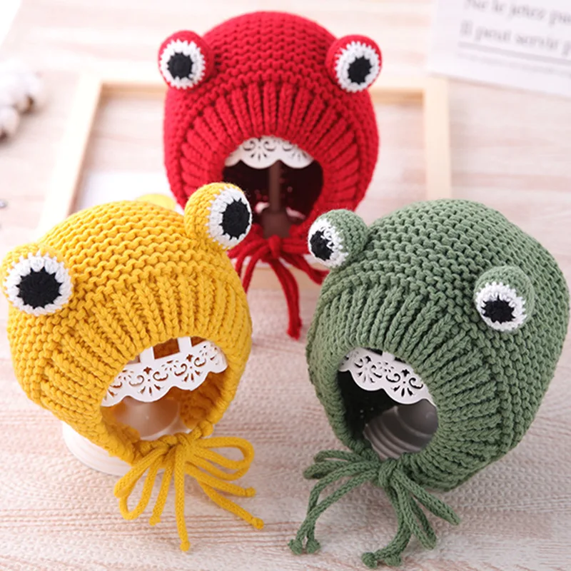 

Autumn and winter Skullies Beanies hat baby cute boy frog woolen hat girl thick for 1-3 years old