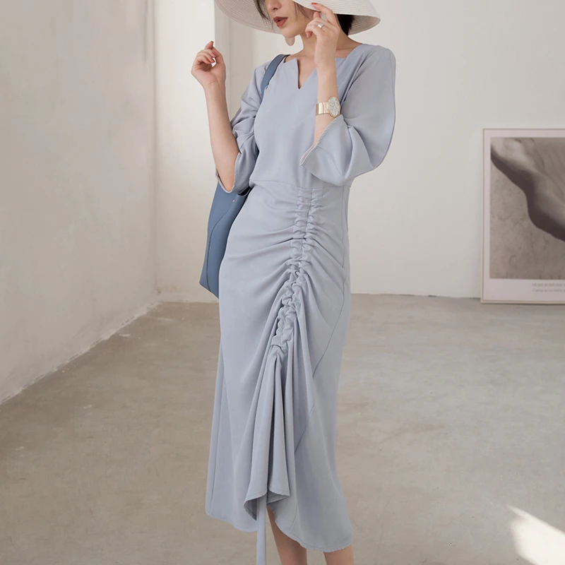 GALCAUR Drawstring Ruched женские платья три четверти рукав с высокой талией Асимметричные осенние платья Женская мода одежда