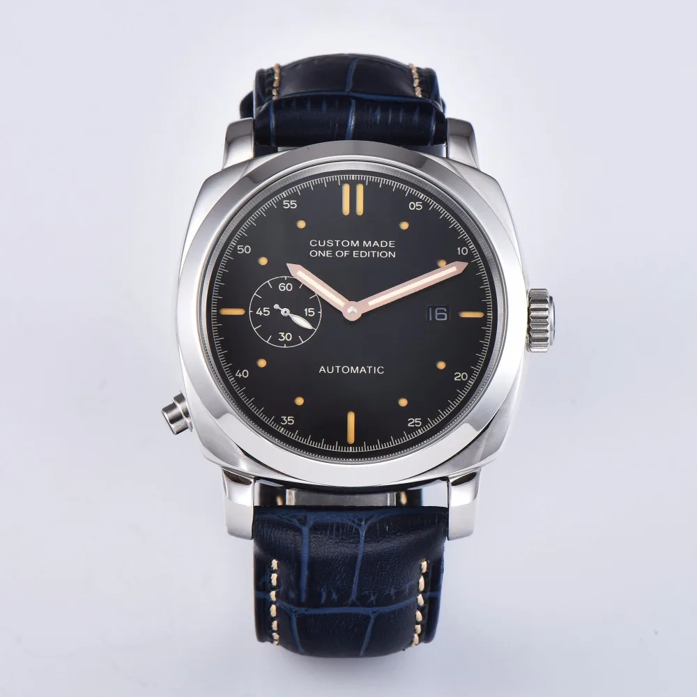 

44MM automatic movement men watch silver 316L stainless steel case high mineral glass black dial 1110