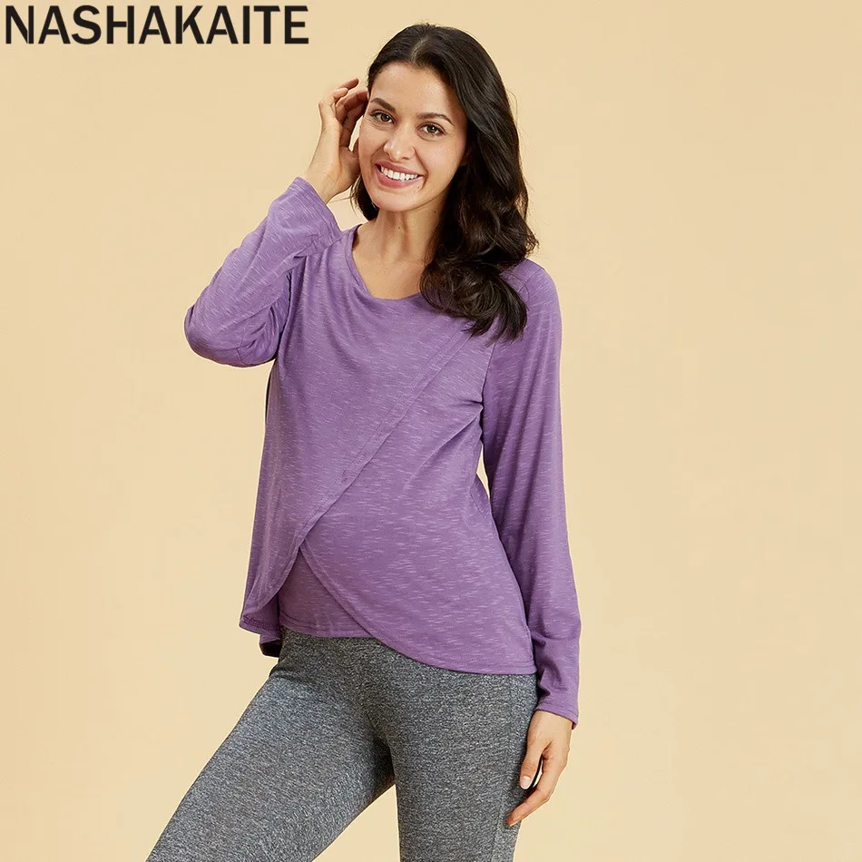 NASHAKAITE, топы для беременных, одноцветные, трендовые, асимметричные, для беременных, с длинным рукавом, для кормления грудью, Футболка для беременных женщин