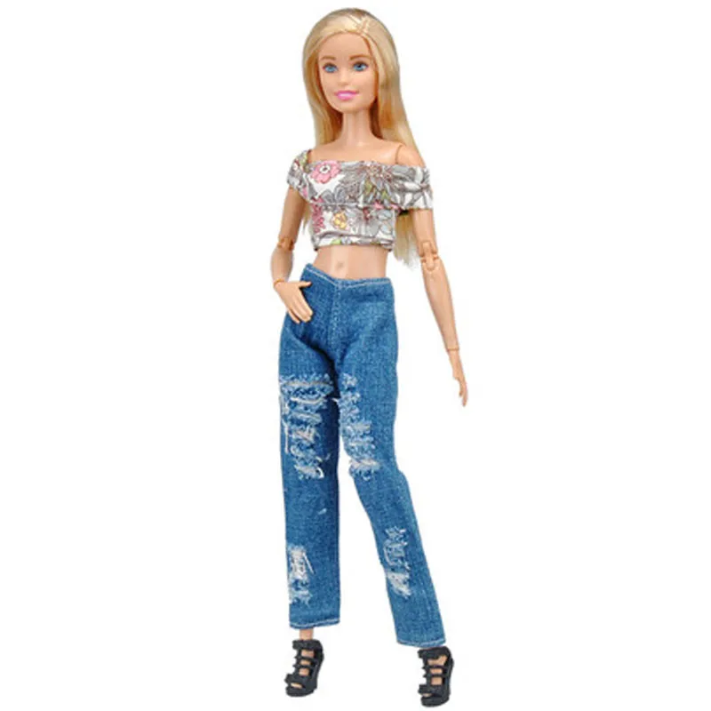 5 компл./лот модные наряды для куклы Барби одежда короткий топ и джинсы джинсовые штаны брюки для кукольный домик Barbie куклы аксессуары