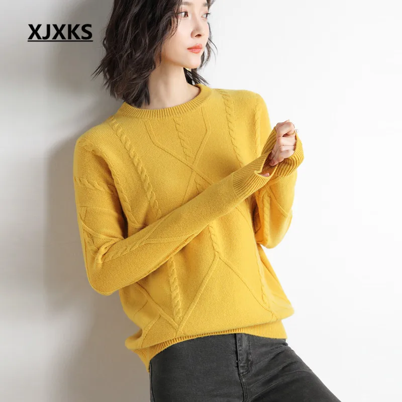 XJXKS winter new thickening wool knit sweater women pullover loose large size comfortable casual women sweater - Color: Yellow