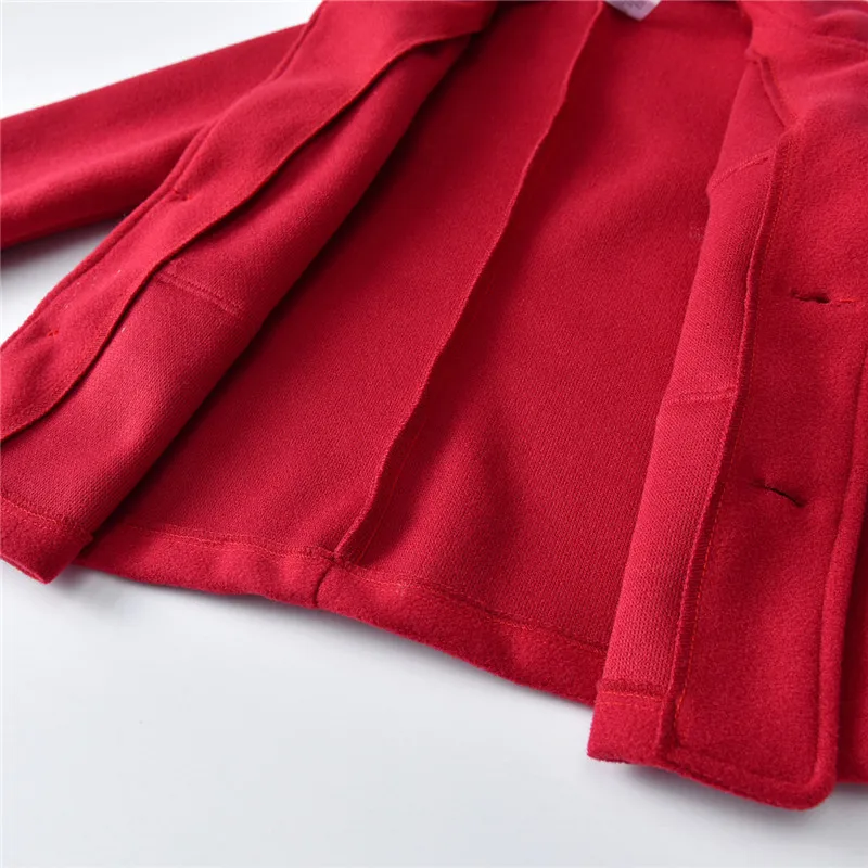 Baby Boy Gentleman Fall Winter Warm Woolen Coat Outfit V Neck Solid Red Color Long Sleeve Button Top Jacket Outwear with Pocket