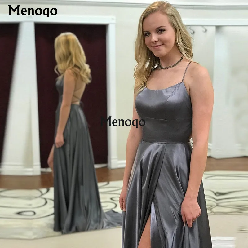 Elegant Spaghetti strap Satin Evening Dresses with Strap Open Back Sleeveless High Slit Luxury robe de soiree Women Party