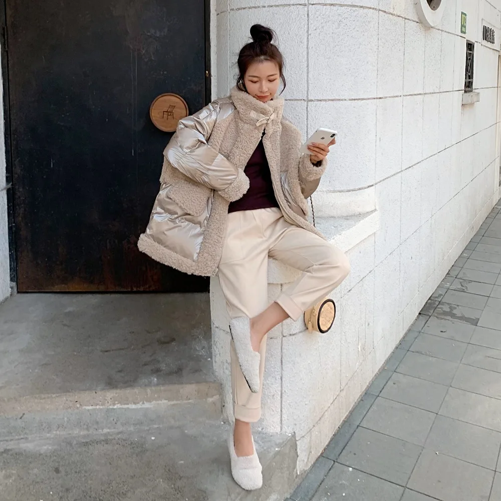 

Photo Shoot Sense of Design Lambs Wool Joint Cotton Overcoat 2019 Winter New Style Retro Laziness-Style Stand Collar Cotton Coat