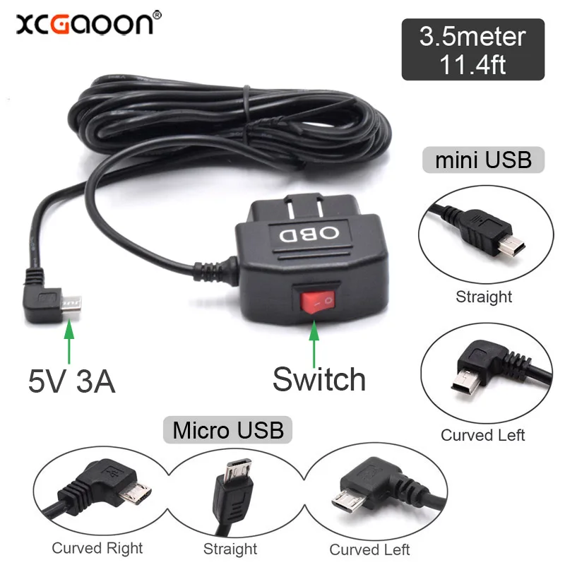 

24Hours Mini Mico USB Port 5V 3A 3.5Meter Car Charge Cable OBD Hardwire Kit with Switch for XiaoMi 70Mai YI Dash Cam Vehicle DVR