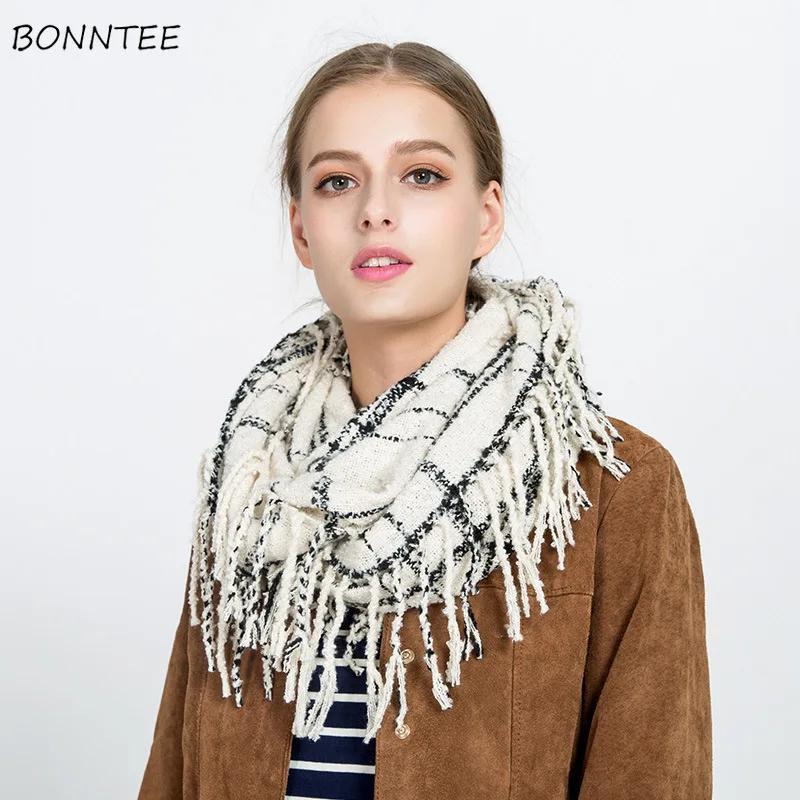 Scarves Women Simple Elegant Fashion Plaid Tassel Wool Scarf Warm Korean Style Student Daily All-match Female Knitted Scarfs |