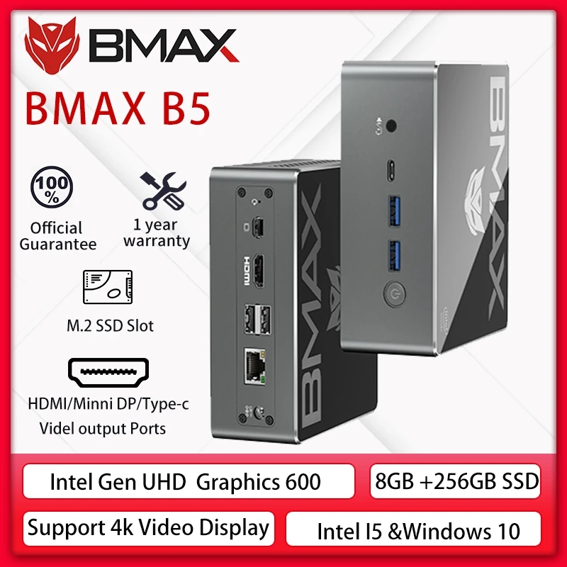 BMAX B5 Mini PC Intel Core i5-5250U 8GB RAM 256GB SSD Dual Core Mini computadora de escritorio PC Intel Gráficos HD 6000 RJ45 WIFI Win10