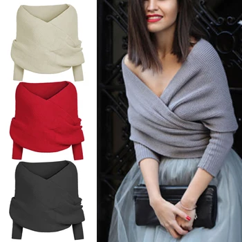 

Women Knitted Sweater Tops Scarf with Sleeve Wrap Winter Warm Shawl Scarves IK88