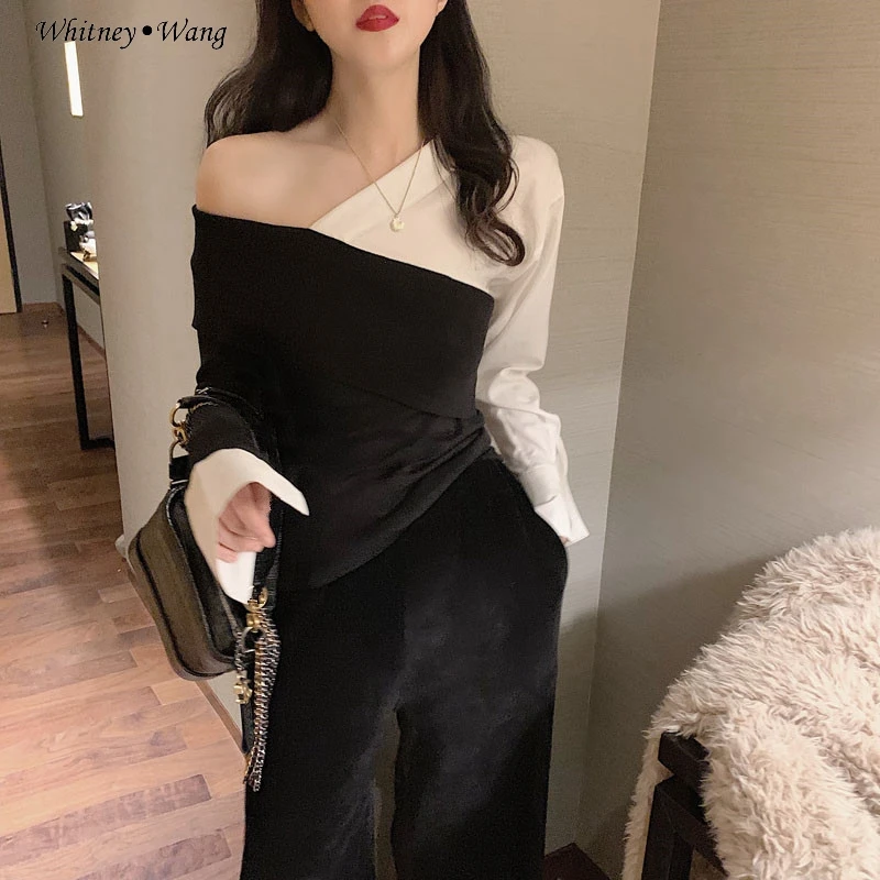 WHITNEY WANG блузки 2020 Весенняя мода уличная цветная контрастная Сексуальная Блузка с