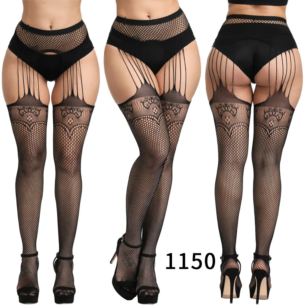 

Women Sexy Lingerie Stripe Elastic Stockings Transparent Black Fishnet Bodysuit Stocking Thigh Sheer Tights Embroidery Pantyhose