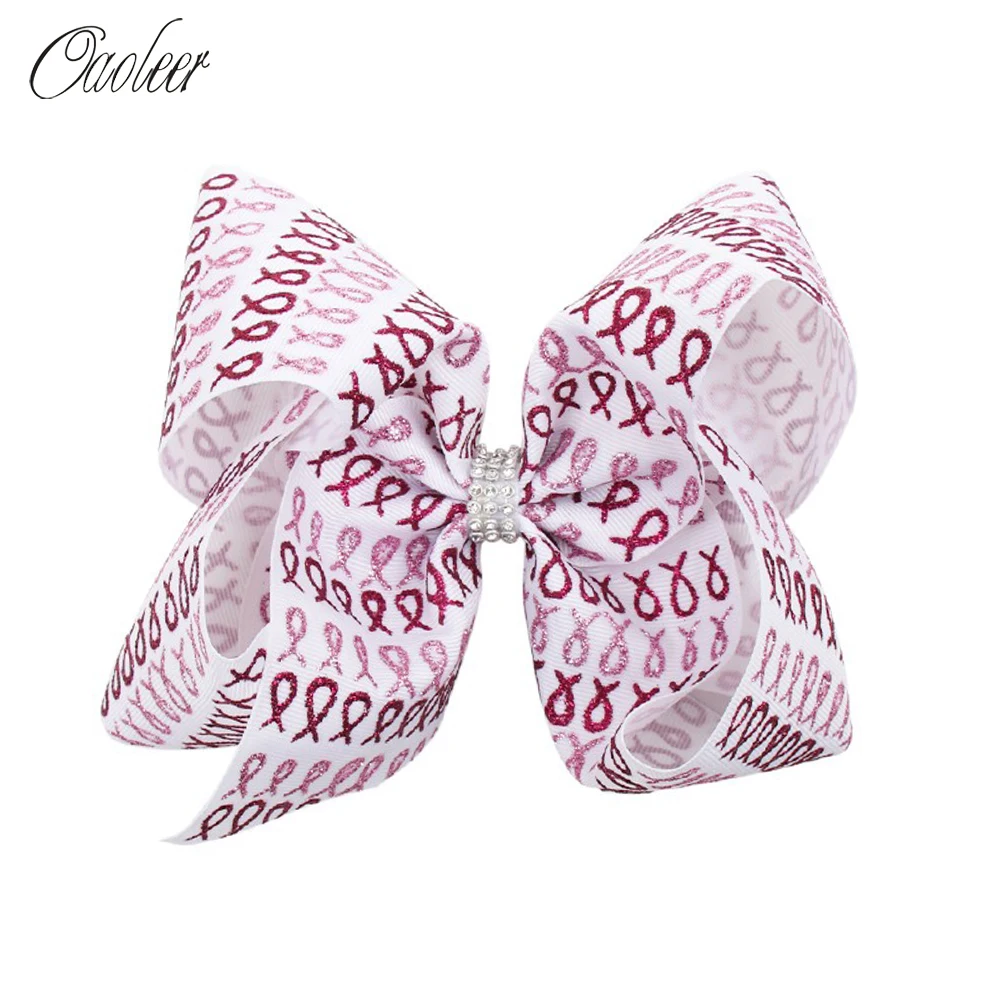 

7 Inch BCAM Hair Bows for Girls Glitter Print Breast Cancel Awareness Sign Handmade Kids Hairgrips Hair Accessories