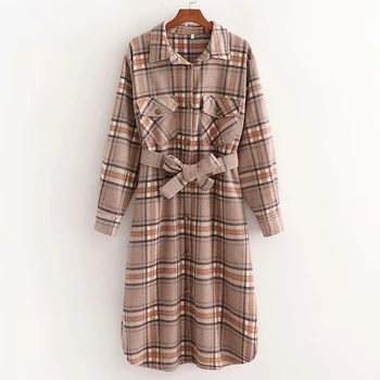 

Winter Women Vintage Plaid Woolen Coat 2020 Long Thicken Warm Cashmere Jacket With Belt Blazer 2 Pocket Female Cold Outwear