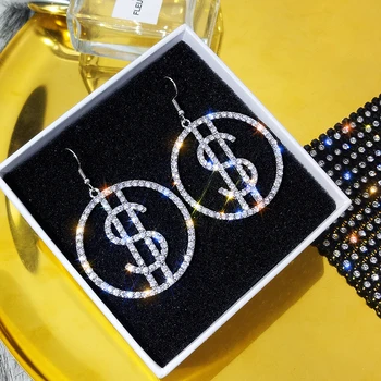 

Dvacaman Crystal Dollars Drop Earrings Big Round Circle Dangle Earrings Chic 2020 Rhinestone Money Statement Earrings Wholesale