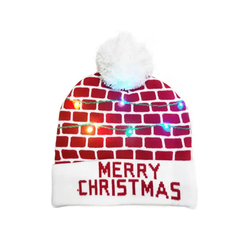 LED Christmas HAPPY NEW YEAR Knitted Hats Light-up Xmas Knit Beanie Adults Cap