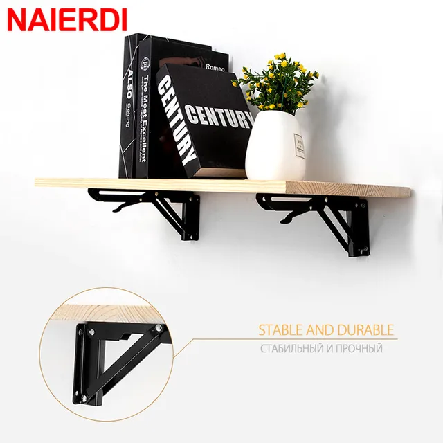 NAIERDI 2PCS 8-20inch Stainless Steel Folding Angle Bracket White Black Iron Triangle Wall Mount Bracket For Shelf Bench Table 2