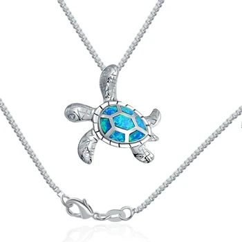 

Tortoise Turtle Pendant Blue Created Opal Necklace for Women Men Summer Hawaiian Style Beach Jewelry Gift with Box Chain