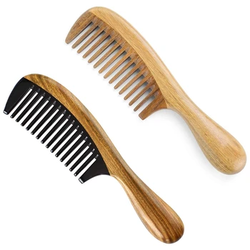 

2x Green Sandalwood Hair Combs Natural Hair Detangler Wooden Comb (Wide Tooth & Buffalo Horn Wide Tooth)