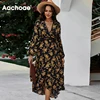 Aachoae Women Floral Print Elegant Long Dress Lace Patchwork Lady Party Dresses V Neck Lantern Sleeve Boho Beach Dress Robe ► Photo 2/6
