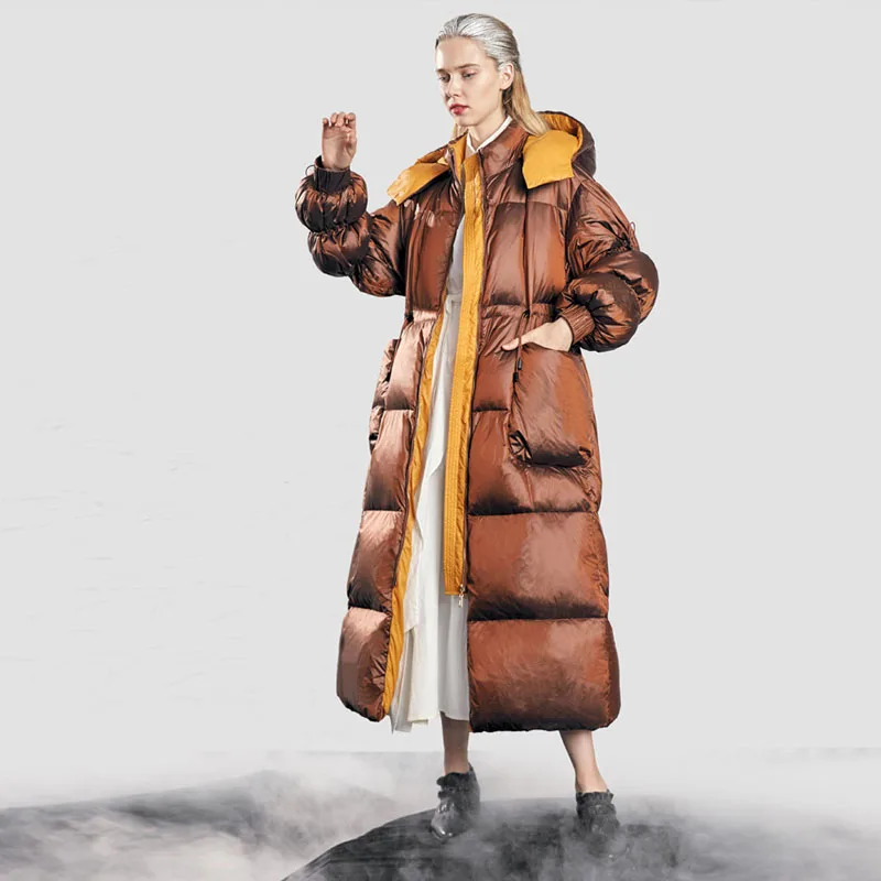 White duck down jacket women's winter large size long down coat oversize thickened Adjustable waist Outwear Warm New INKEO 1O130