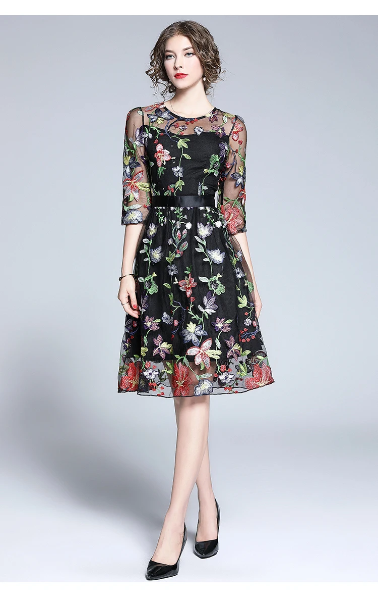 Осеннее Новое Европейское роскошное Цветочное платье миди с вышивкой Женские Высококачественные элегантные тонкие платья а-силуэта vestido de festa