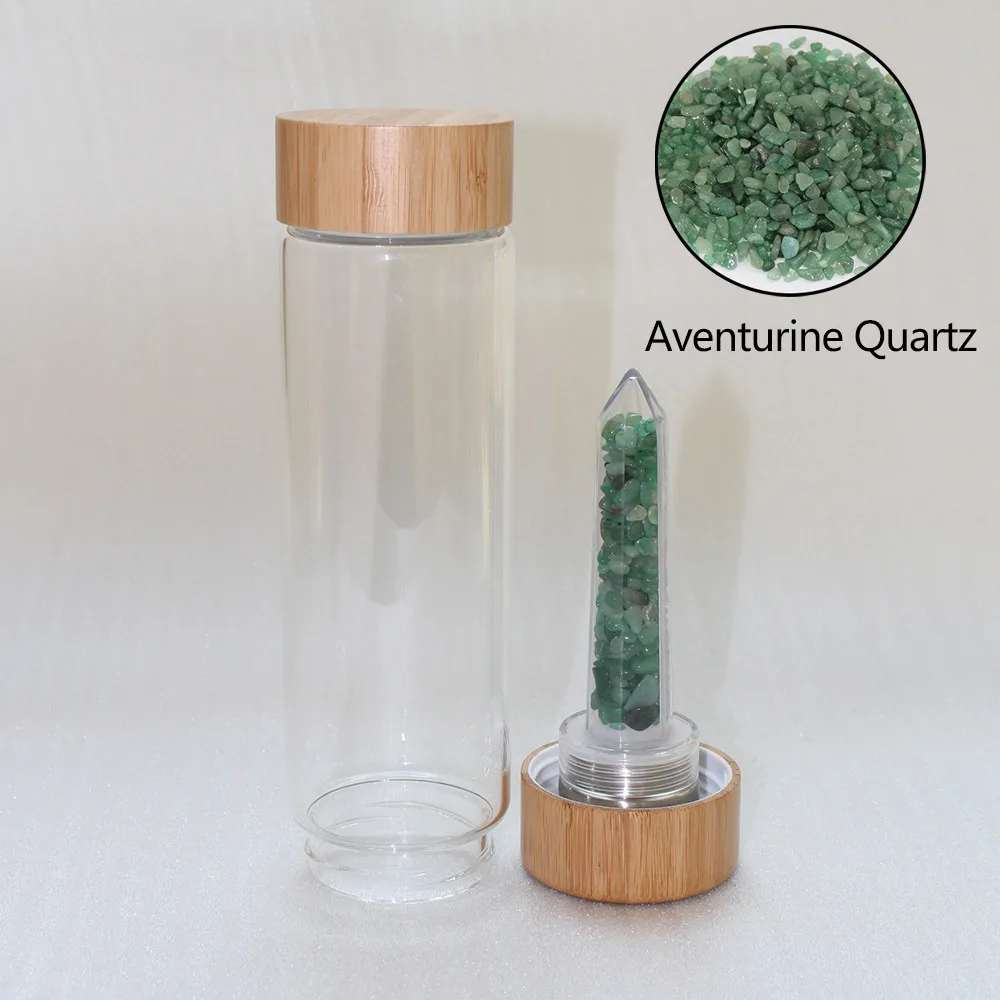 Aventurine Quartz 550 мл с натуральными кристаллами гравия стекло с отделением для бутылки воды кварцевые драгоценные камни бамбуковое стекло Elixir точка чашки палочка - Цвет: Aventurine Quartz